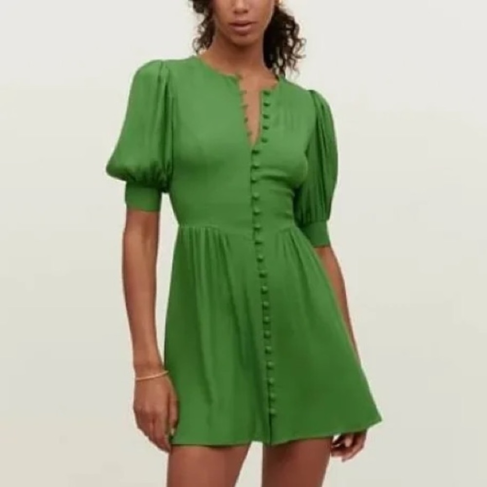 Reformation Laylin Kelly Green Button-Front Mini Dress